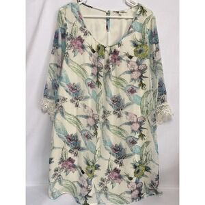 Black Rainn Women's Ivory Floral‎ Blouse Lace 3/4 Sleeves Size XL Longer